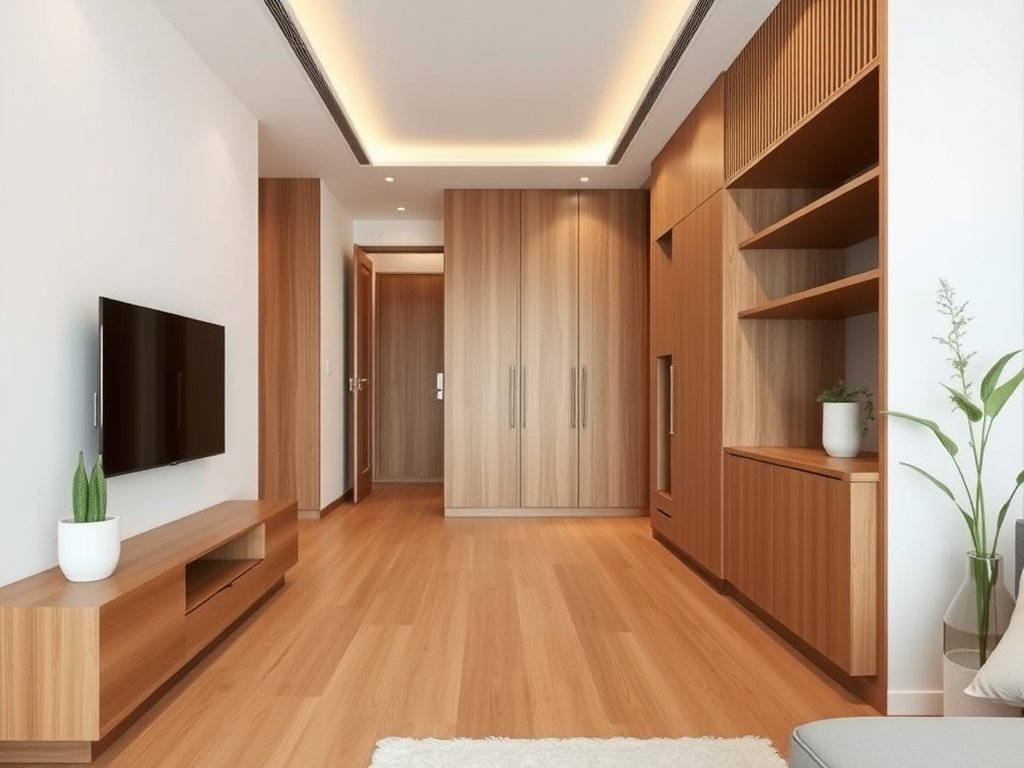 Căn hộ hiện đại Việt Nam với các yếu tố gỗ tự nhiên như sàn và tủ bếp.