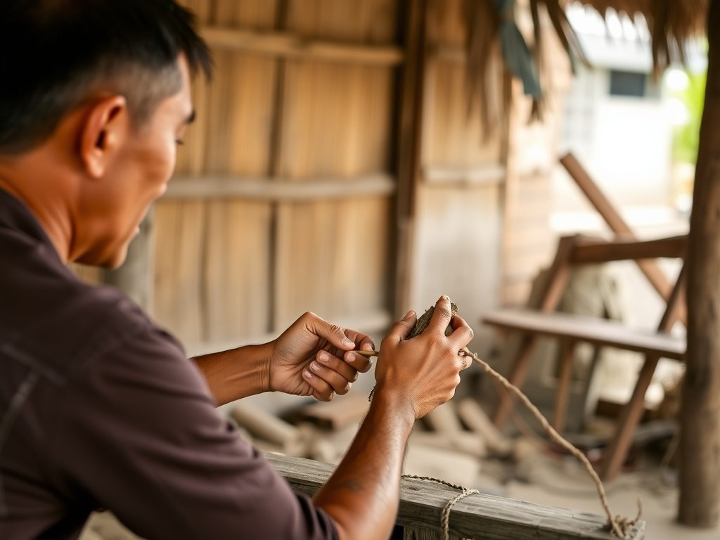 Người đàn ông Việt bôi chất xử lý vết cháy trên gỗ