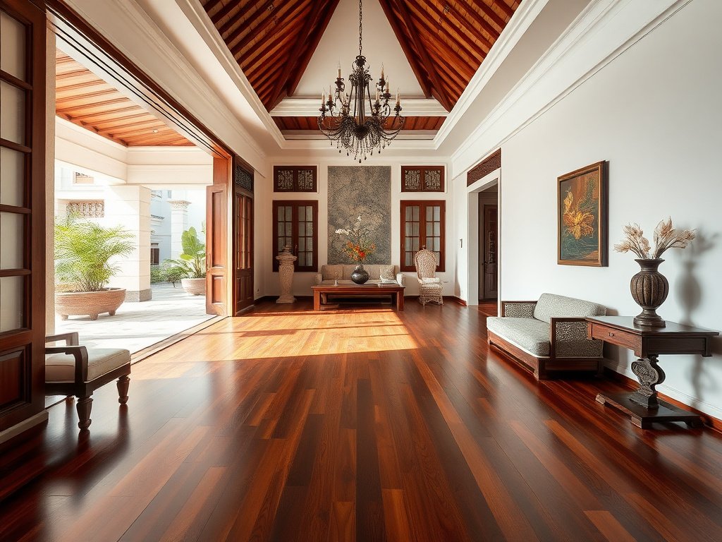 Nội thất biệt thự Việt Nam với sàn gỗ được phục hồi.
