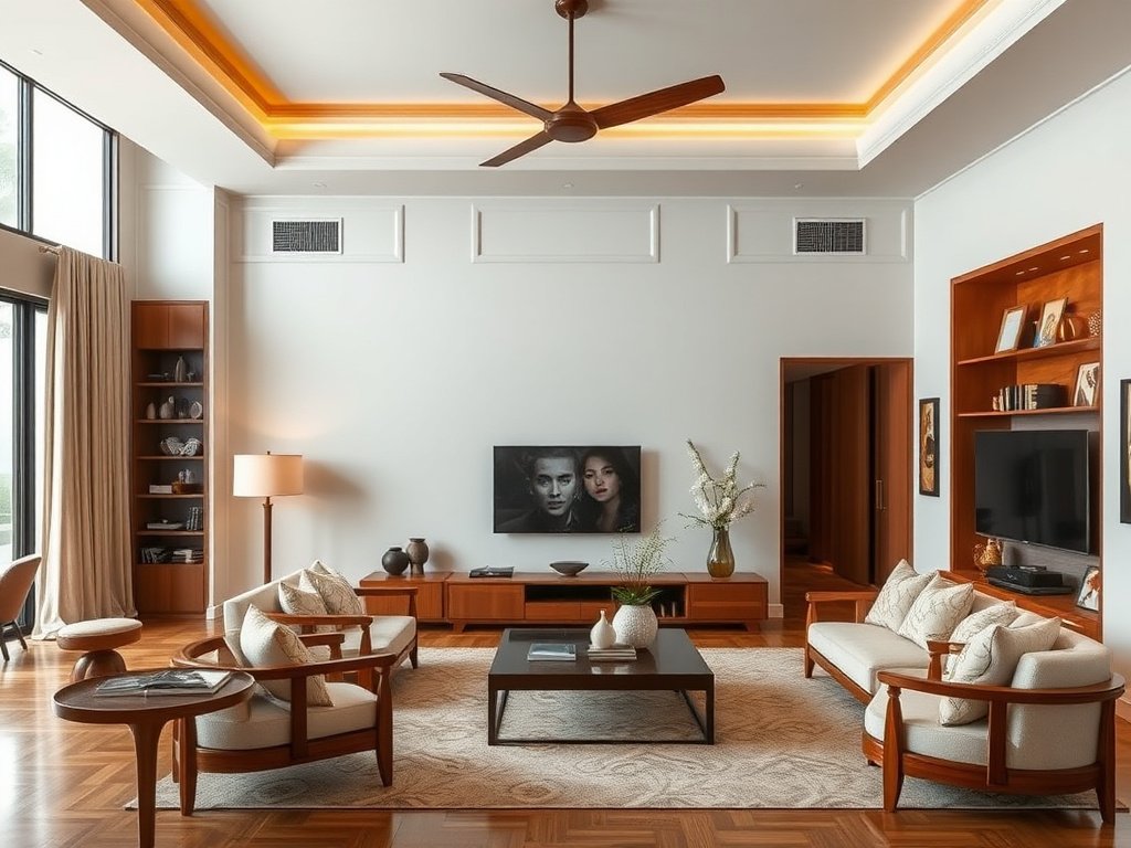 Phòng khách Việt Nam thanh lịch pha trộn giữa nội thất gỗ hiện đại và cổ điển.