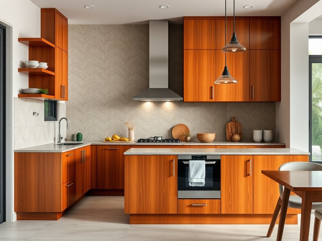 Nhà bếp hiện đại với tủ gỗ sáng bóng