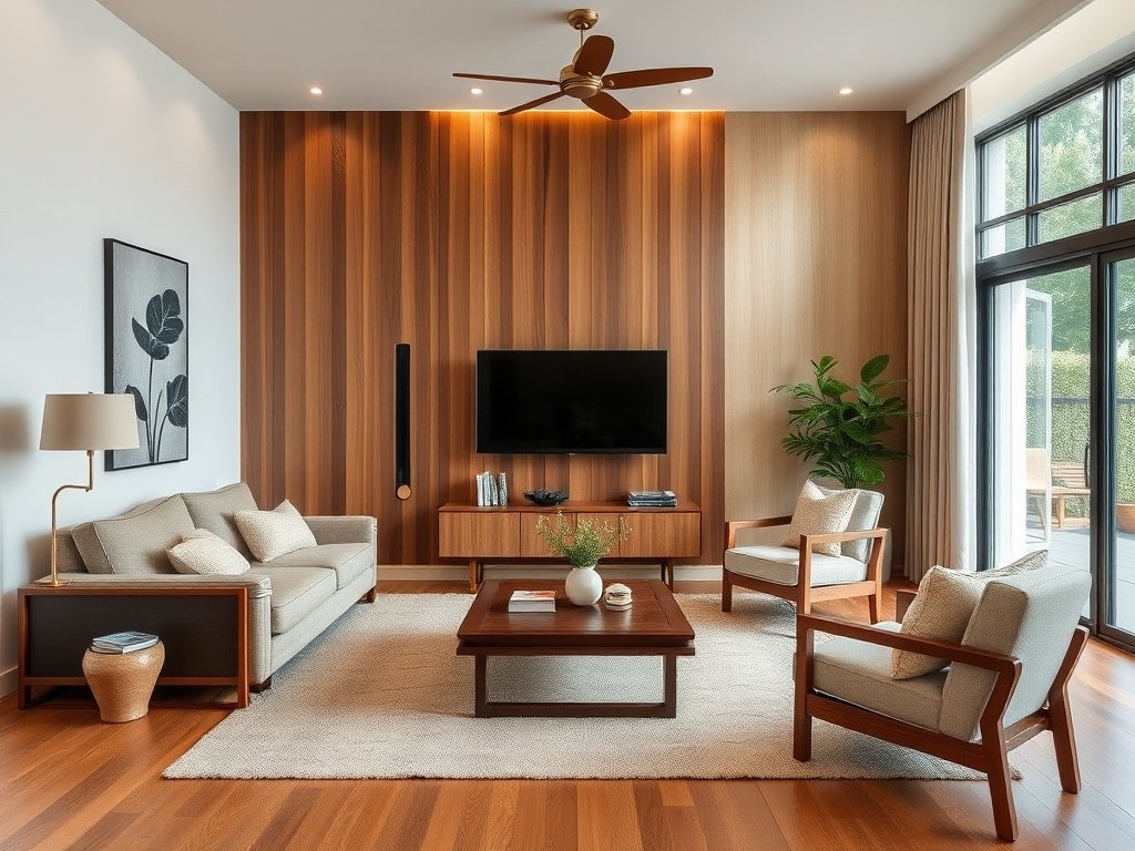 Phòng khách Việt Nam hiện đại kết hợp đồ gỗ phục hồi và nội thất hiện đại