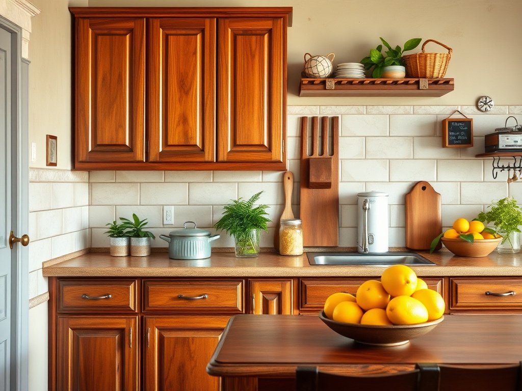 Nhà bếp Việt Nam với tủ gỗ và chanh tươi trên quầy
