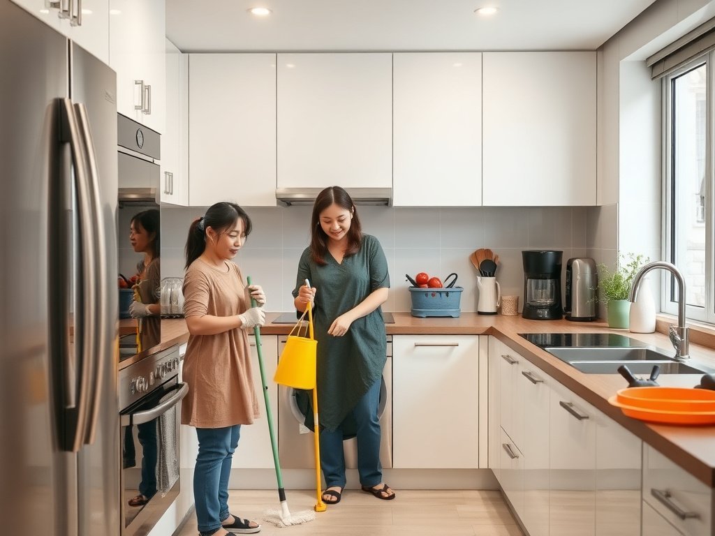 Gia đình Việt Nam trong nhà bếp hiện đại vệ sinh thiết bị.