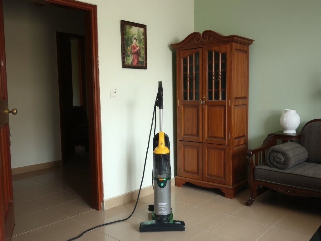 Phòng gia đình trong nhà Việt Nam với máy hút bụi cạnh tủ gỗ truyền thống