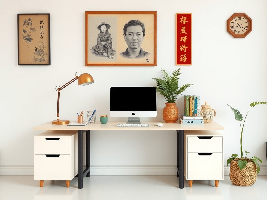 Bàn làm việc tối giản với trang trí truyền thống Việt Nam.
