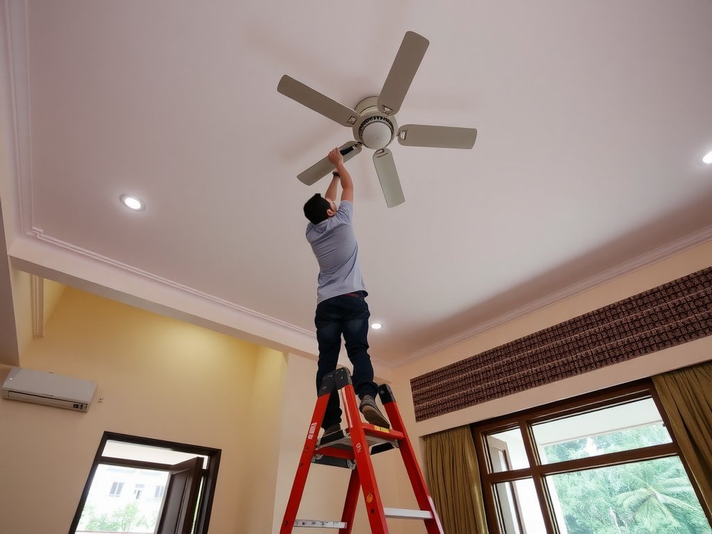 Người Việt đứng trên thang chắc chắn để làm sạch quạt trần trong phòng có trần cao.