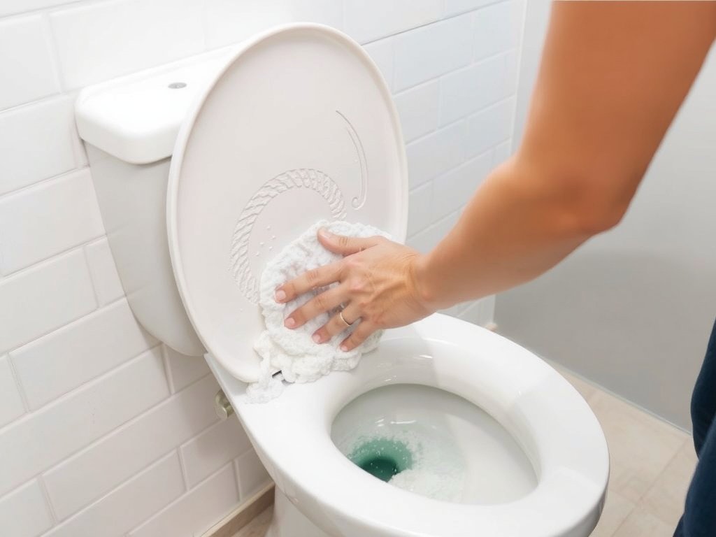 Người đang chà bồn cầu với sản phẩm thân thiện môi trường.
