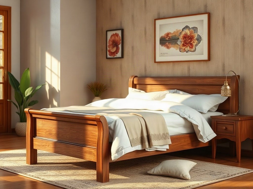 Trang trí phòng ngủ kiểu cổ điển với giường gỗ Việt.