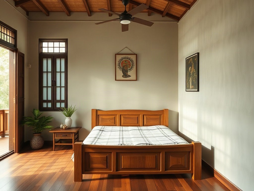 Giường gỗ tại gia đình Việt Nam với ánh sáng tự nhiên chân thực