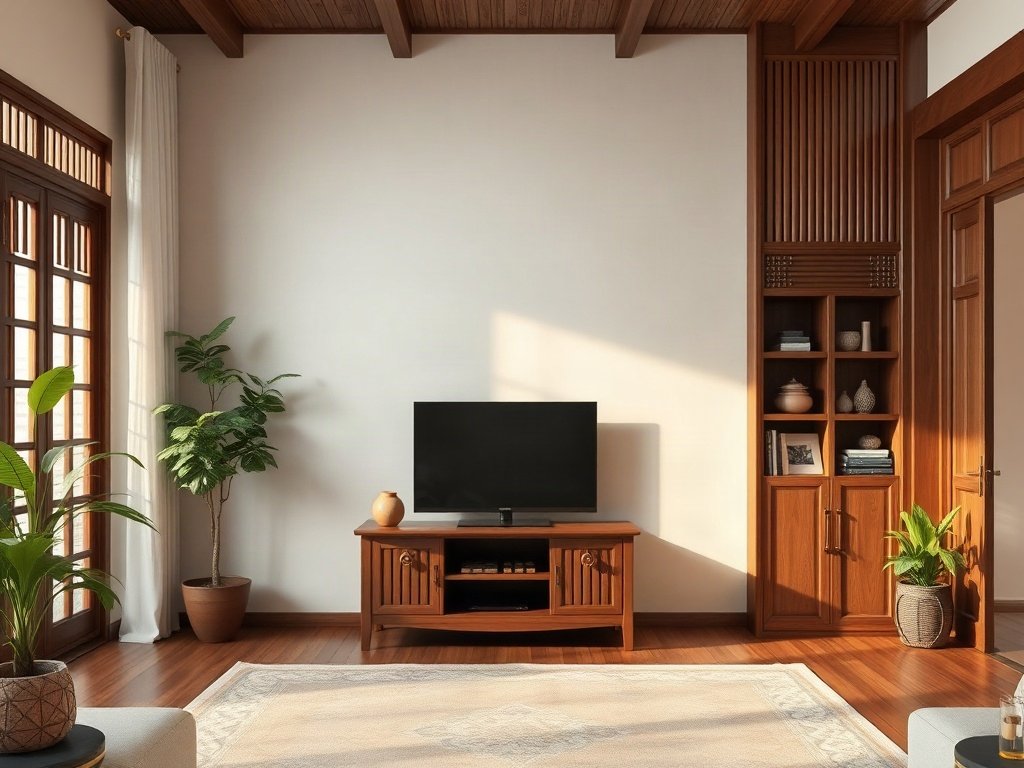 Phòng khách kiểu truyền thống Việt Nam với kệ tivi gỗ