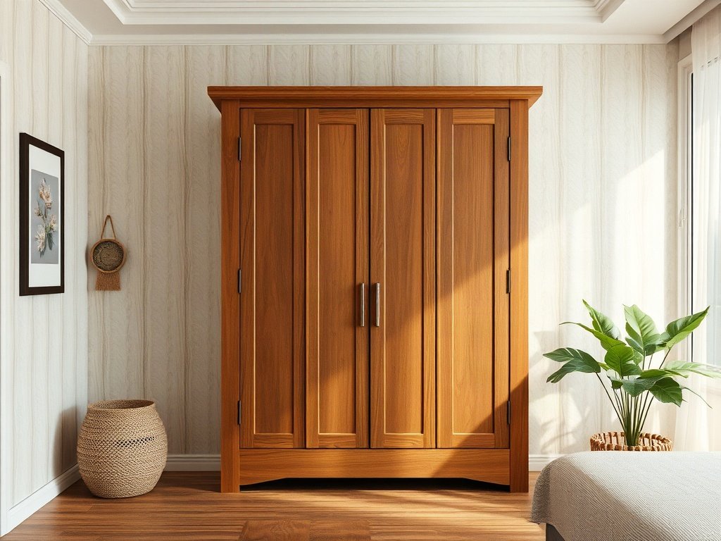 Vân gỗ tự nhiên của tủ quần áo trong không gian ấm cúng