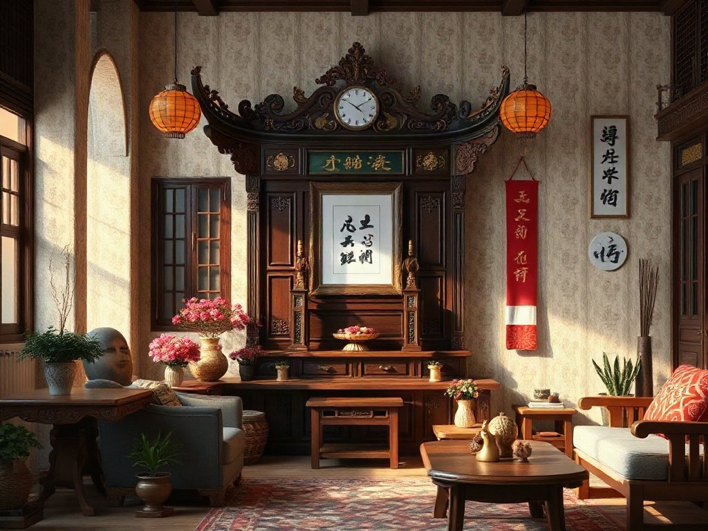 Bàn thờ gỗ trang trí tại phòng khách Việt