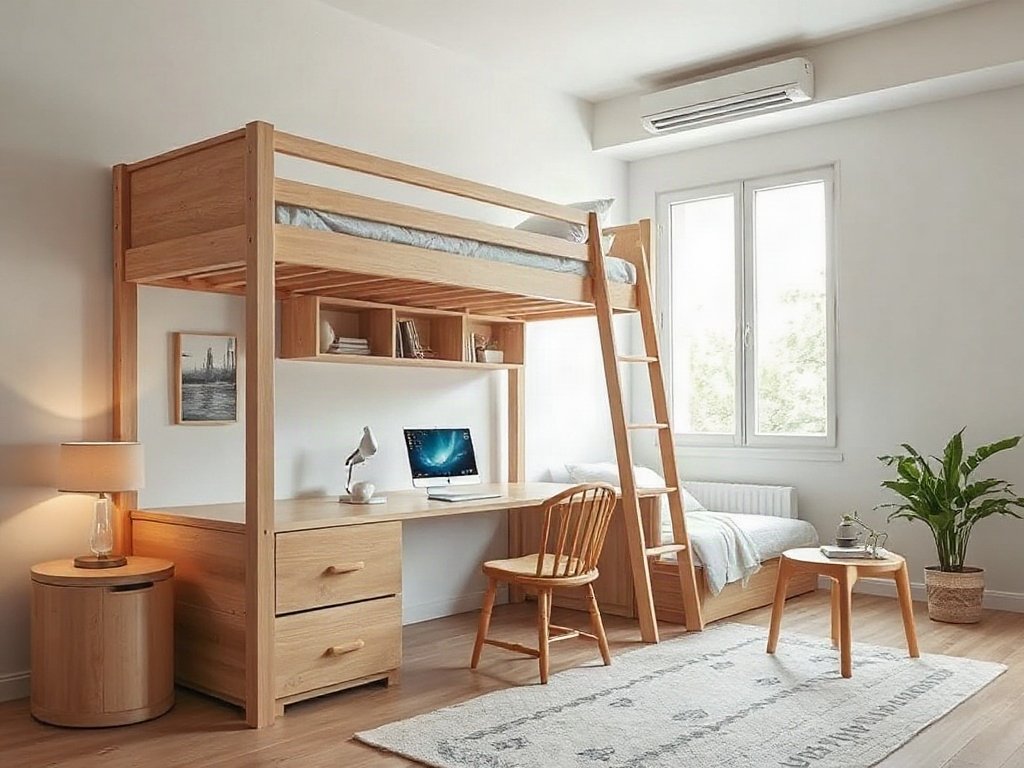 Giường tầng đa chức năng với không gian làm việc dưới ở nội thất sáng Việt Nam
