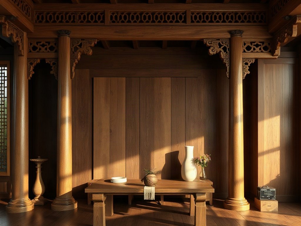 Bàn thờ gỗ truyền thống kết hợp hiện đại, ánh sáng tự nhiên