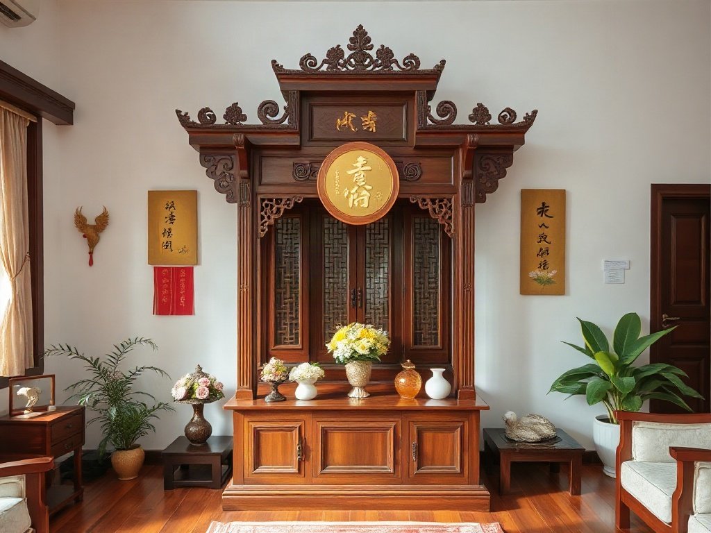 Thiết lập bàn thờ gỗ trang nhã trong gia đình người Việt Nam.