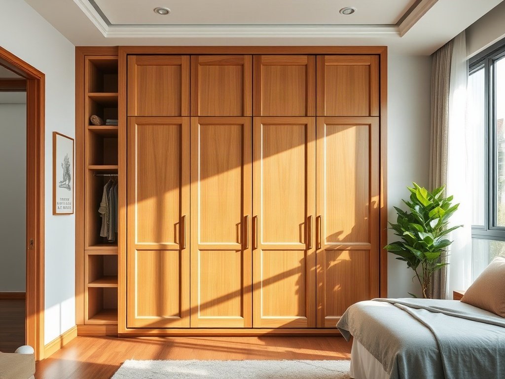 Tủ quần áo gỗ rộng rãi trong ngôi nhà Việt hiện đại.