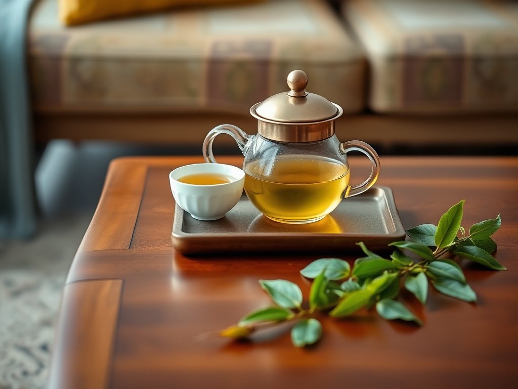 Bộ trà Việt trên bàn cà phê gỗ bóng loáng, cạnh đó là lá trà xanh.