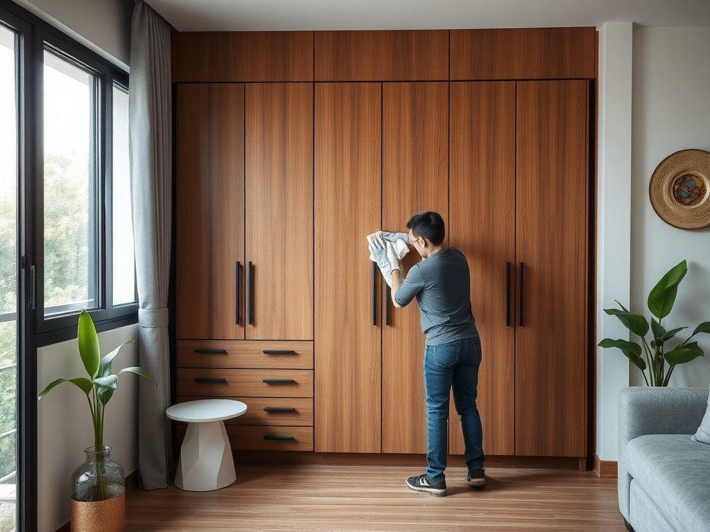 Người lau tủ gỗ trong nhà hiện đại Việt Nam