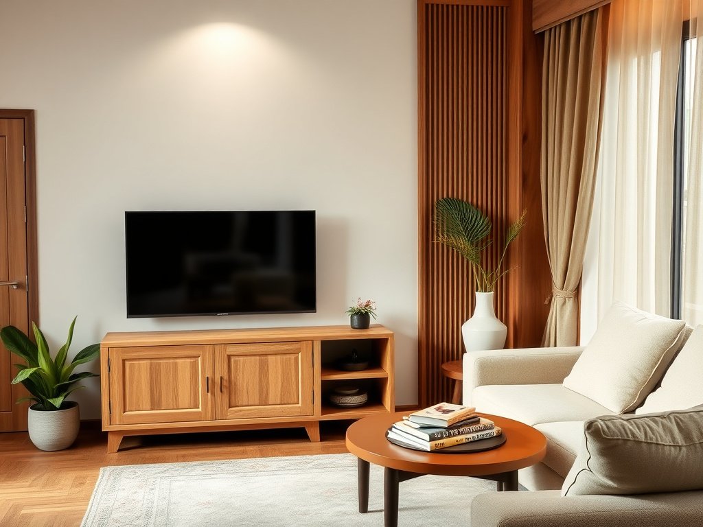 Góc phòng khách Việt Nam với kệ TV gỗ sáng