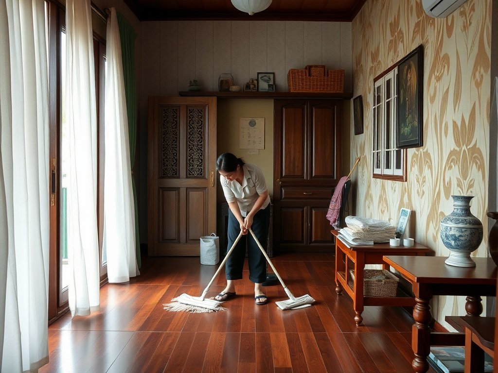 Không gian sống Việt với phụ nữ làm sạch sàn gỗ.