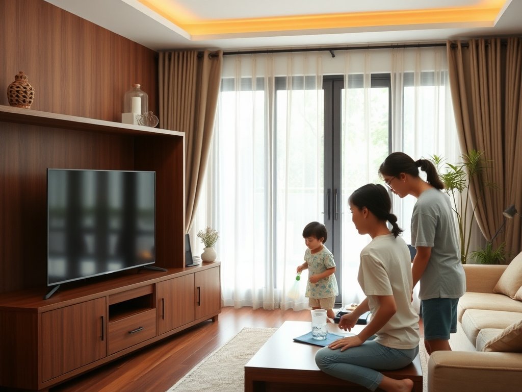 Gia đình làm sạch kệ tivi gỗ trong không gian sống Việt.