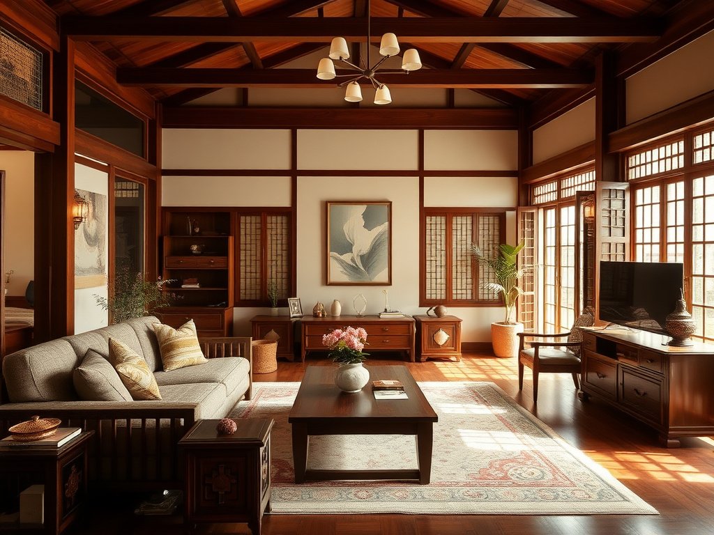 Phòng khách Việt Nam rộng rãi với trang trí gỗ ấm áp.