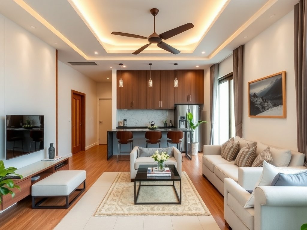Phòng khách Việt Nam thanh lịch với khu bếp và tủ lạnh.