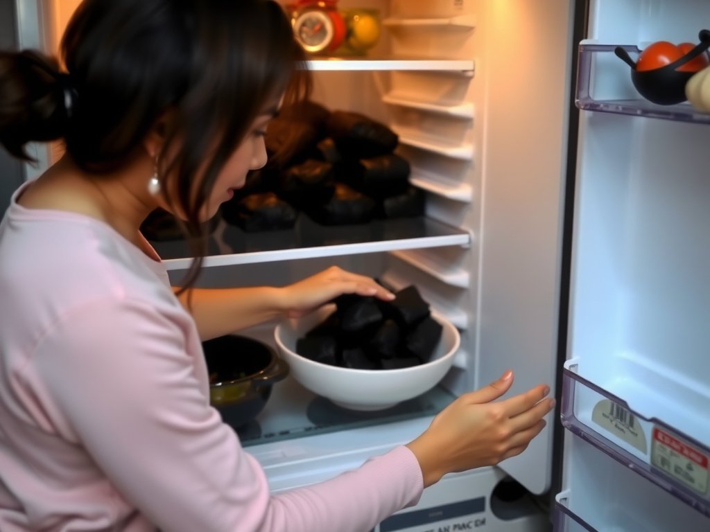 Tủ lạnh mở với túi than hoạt tính trên kệ.