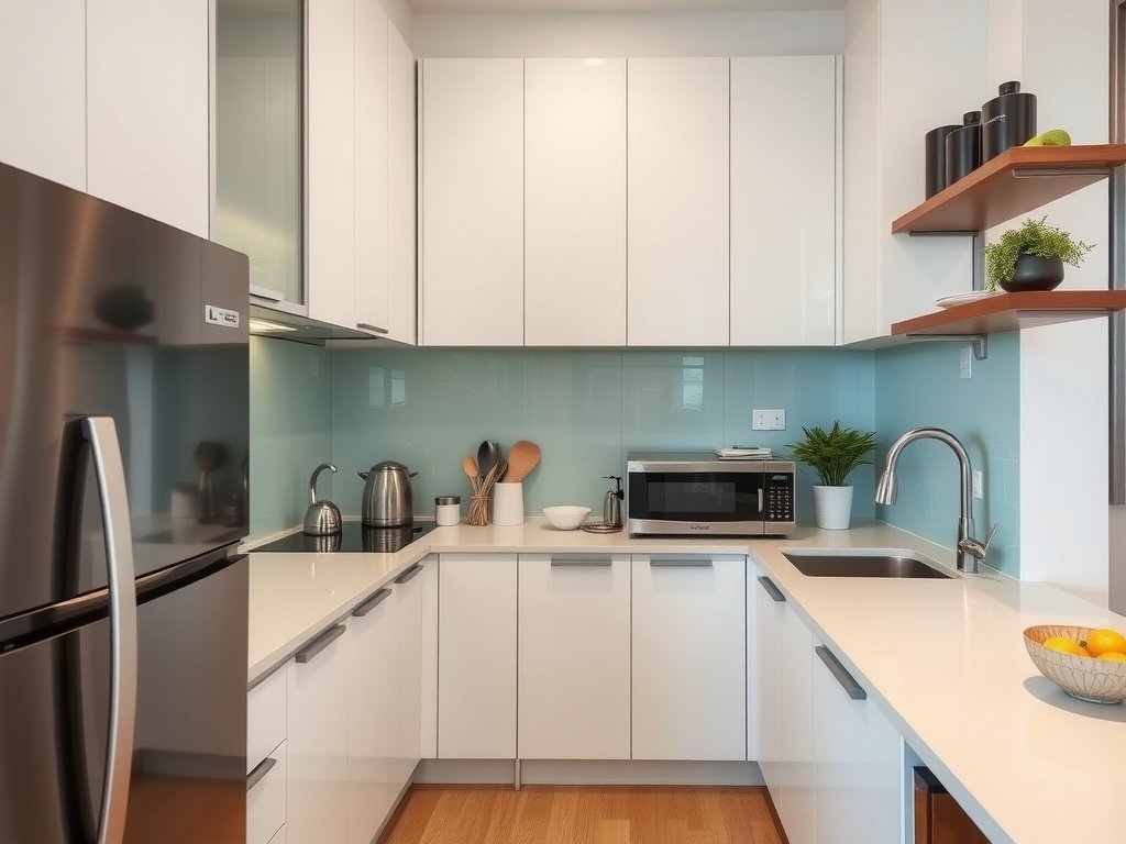 Bếp chung cư hiện đại Việt Nam với thiết bị sáng bóng.