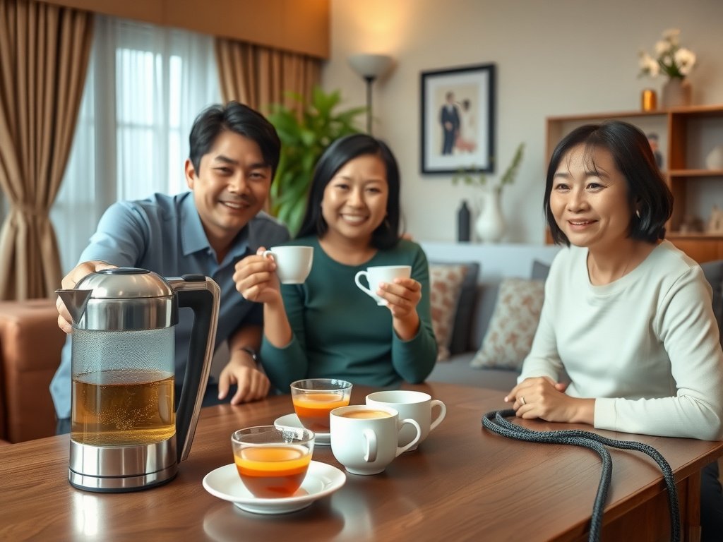 Gia đình Việt thưởng trà gần ấm sạch sẽ trong phòng khách đẹp.