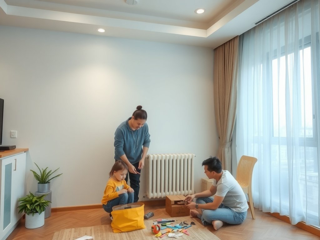 Gia đình trong căn hộ hiện đại Việt Nam chuẩn bị bảo trì bình nóng lạnh