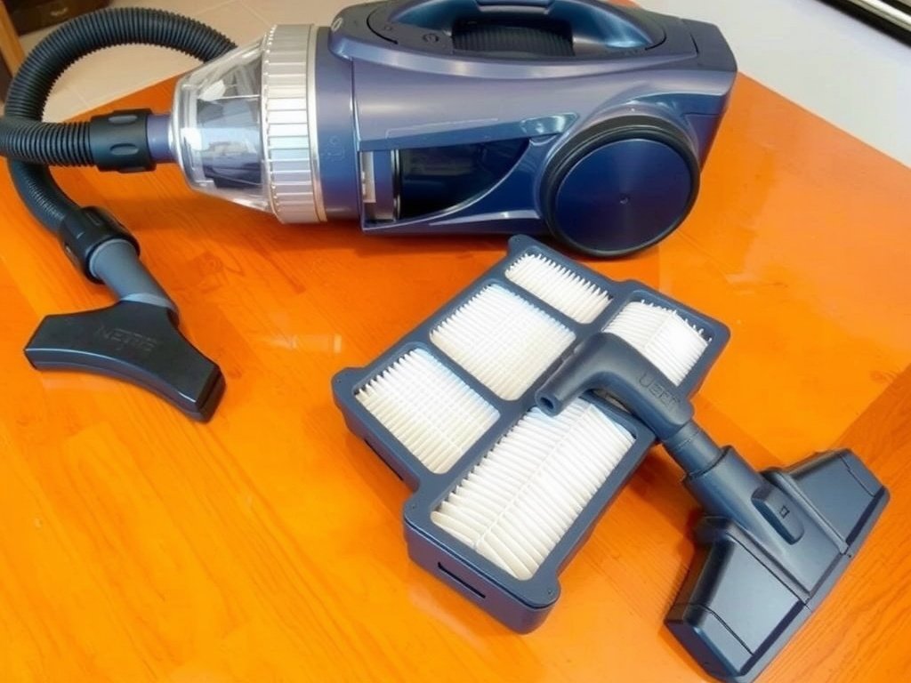 Máy hút bụi với bộ lọc trên bàn gỗ bóng để làm sạch