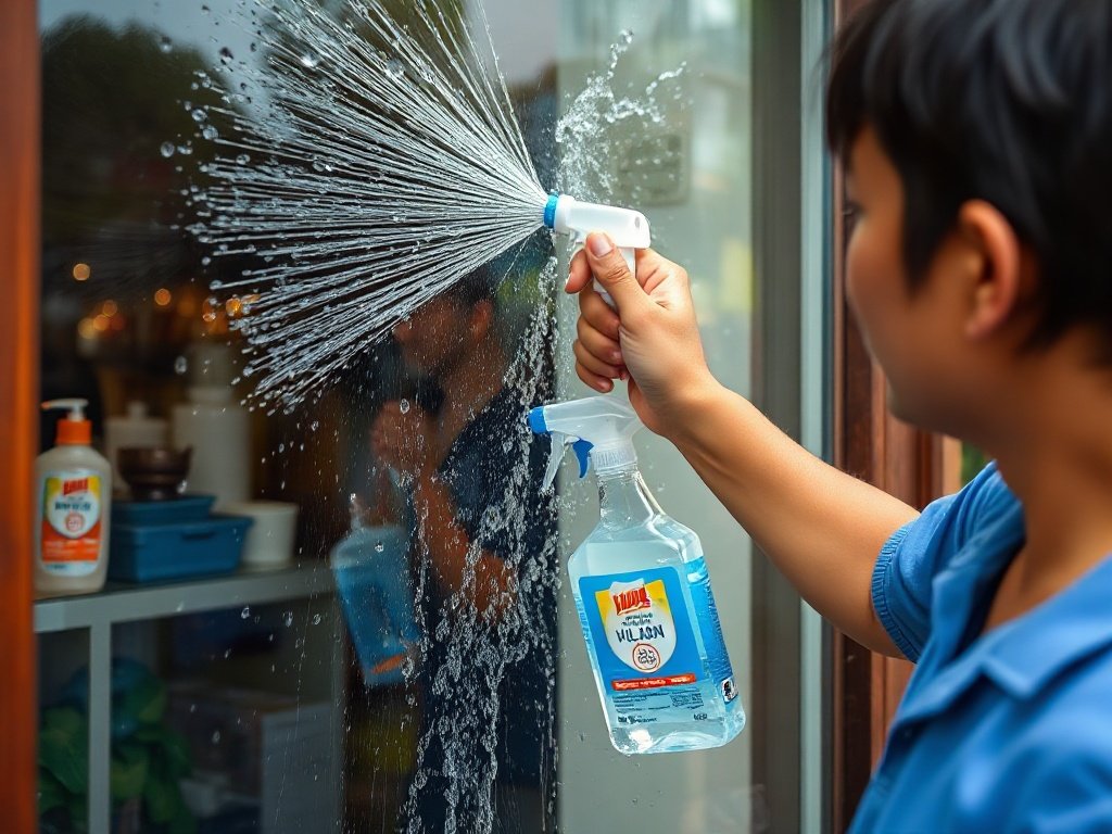Người Việt rửa sạch cửa kính bằng nước sau khi áp dụng dung dịch làm sạch.
