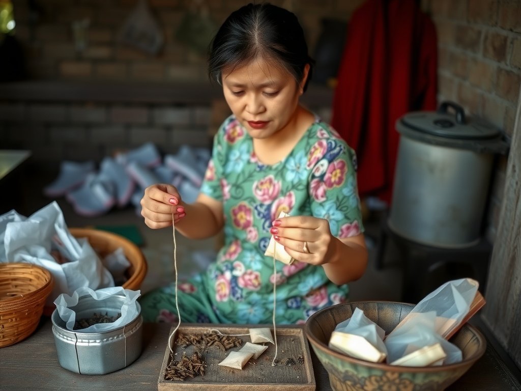 Người phụ nữ Việt Nam chuẩn bị túi trà để khử mùi giày.