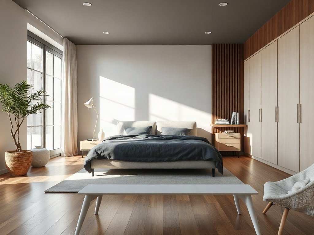 Phòng ngủ hiện đại, sàn gỗ sạch, ánh sáng tự nhiên rực rỡ