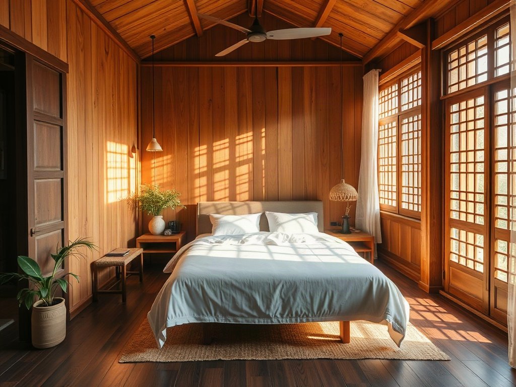Phòng ngủ nghệ thuật Việt Nam với yếu tố gỗ và ánh sáng ấm áp