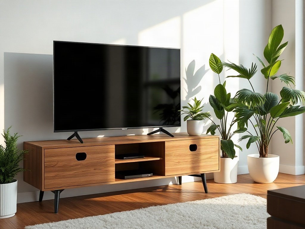 Nội thất tối giản nổi bật với kệ tivi gỗ bóng mượt, cây xanh và ánh nắng.