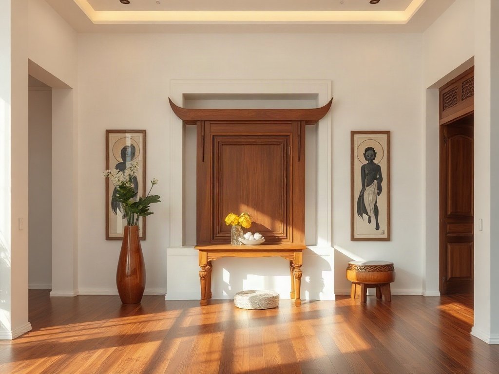 Nội thất Việt hiện đại với bàn thờ gỗ hài hòa.