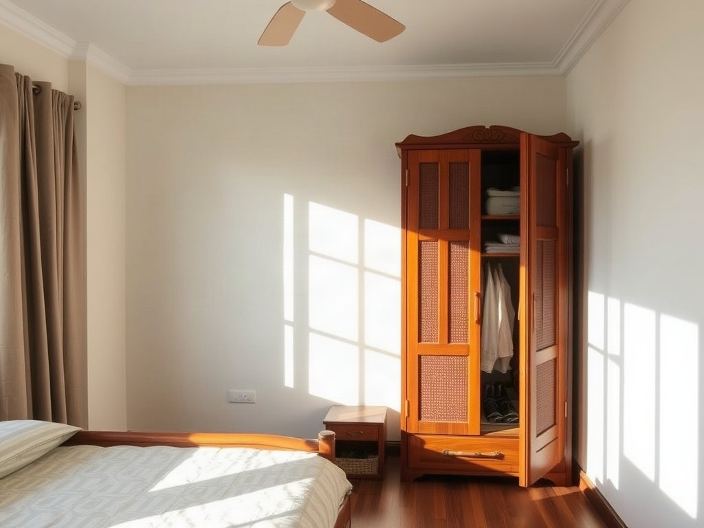 Phòng ngủ Việt tiện nghi với tủ quần áo gỗ ngăn nắp.