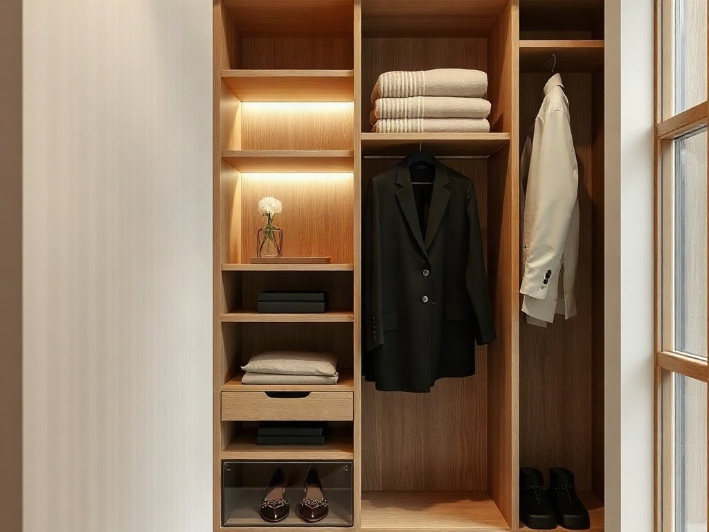 Bên trong tủ quần áo với kệ và giá treo