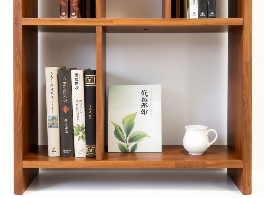Kệ sách gỗ tinh tế Việt Nam, với vài cuốn sách liên quan đến trà.