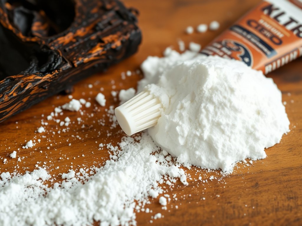 Hỗn hợp baking soda và kem đánh răng bên cạnh bề mặt gỗ bị cháy