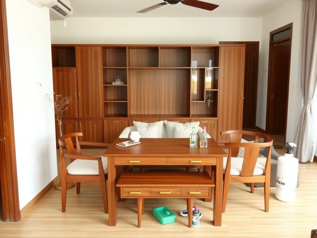 Bộ bàn ghế gỗ cao cấp trong căn hộ Việt Nam với dụng cụ làm sạch.