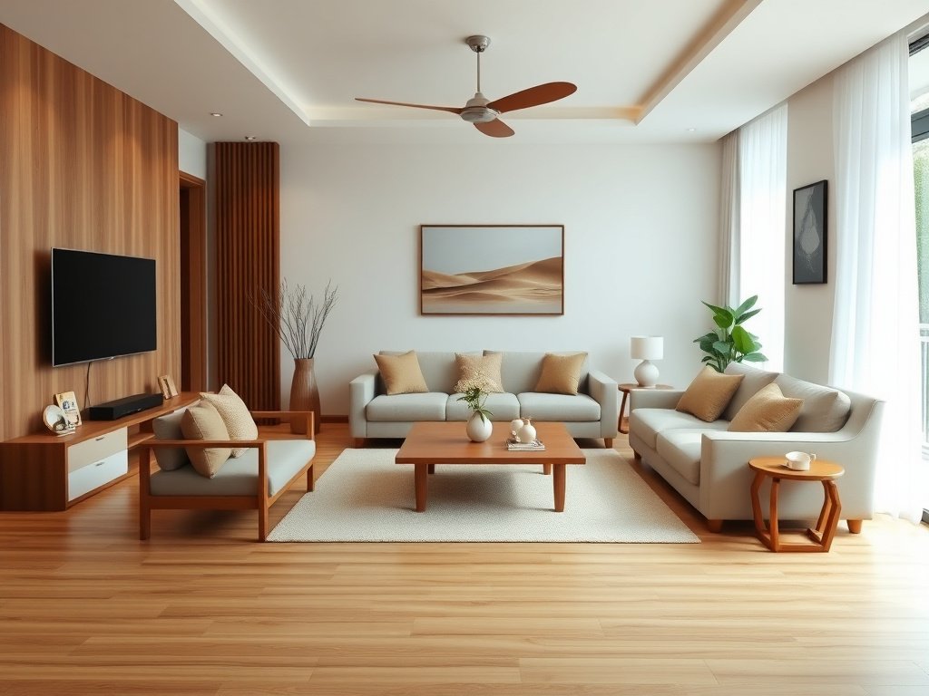 Phòng khách sáng sủa với sàn gỗ tự nhiên trong ngôi nhà Việt Nam.