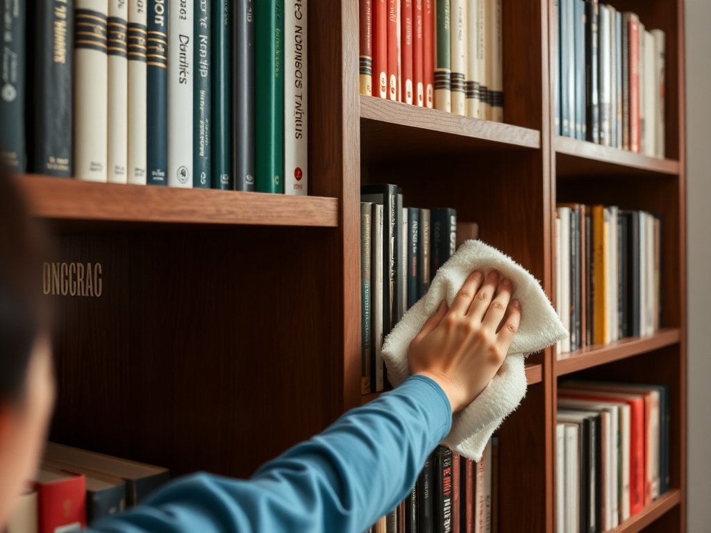 Người Việt dùng vải mềm lau giá sách gỗ.