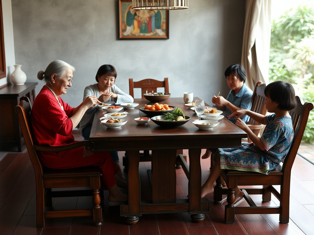 Gia đình Việt Nam thưởng thức bữa trưa quanh bàn ăn gỗ được phục hồi đẹp