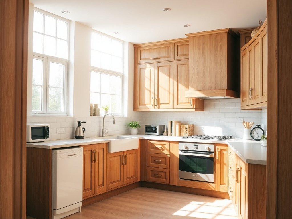 Nhà bếp ngập nắng với tủ gỗ thanh lịch và thiết bị sạch sẽ.