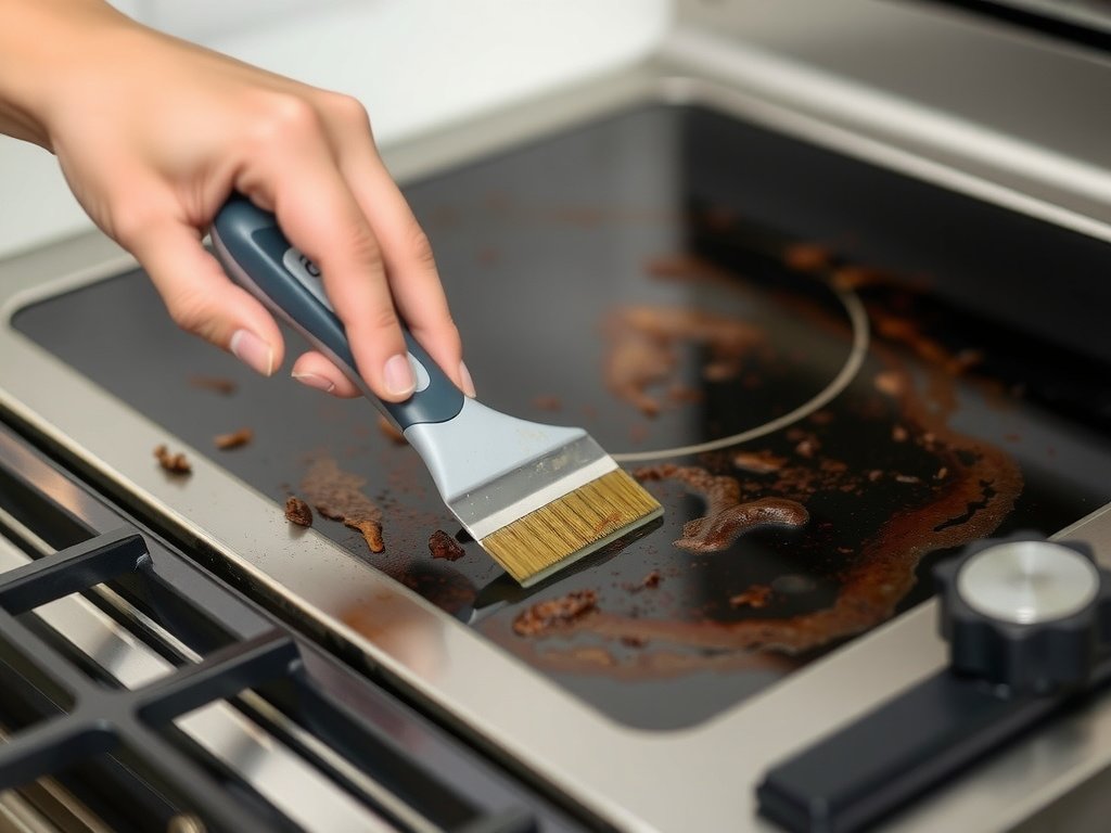 Người dùng dụng cụ đặc biệt cạo bỏ vết cháy khỏi bề mặt bếp.