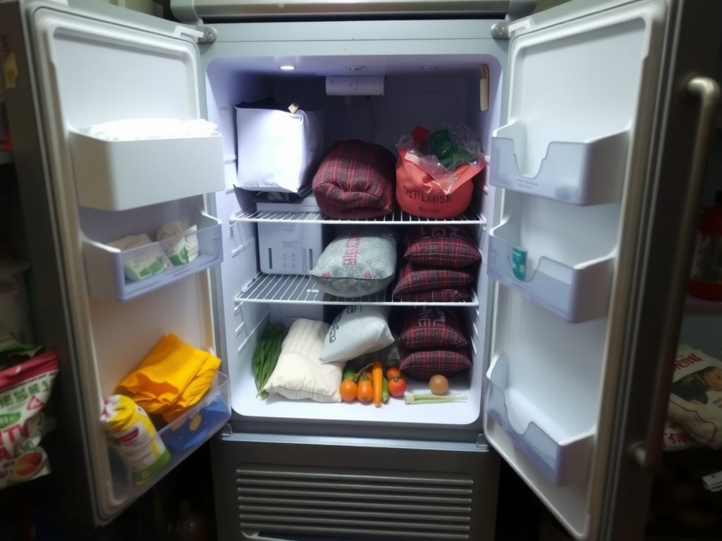 Tủ lạnh mở với rau củ và túi than trong nhà Việt.